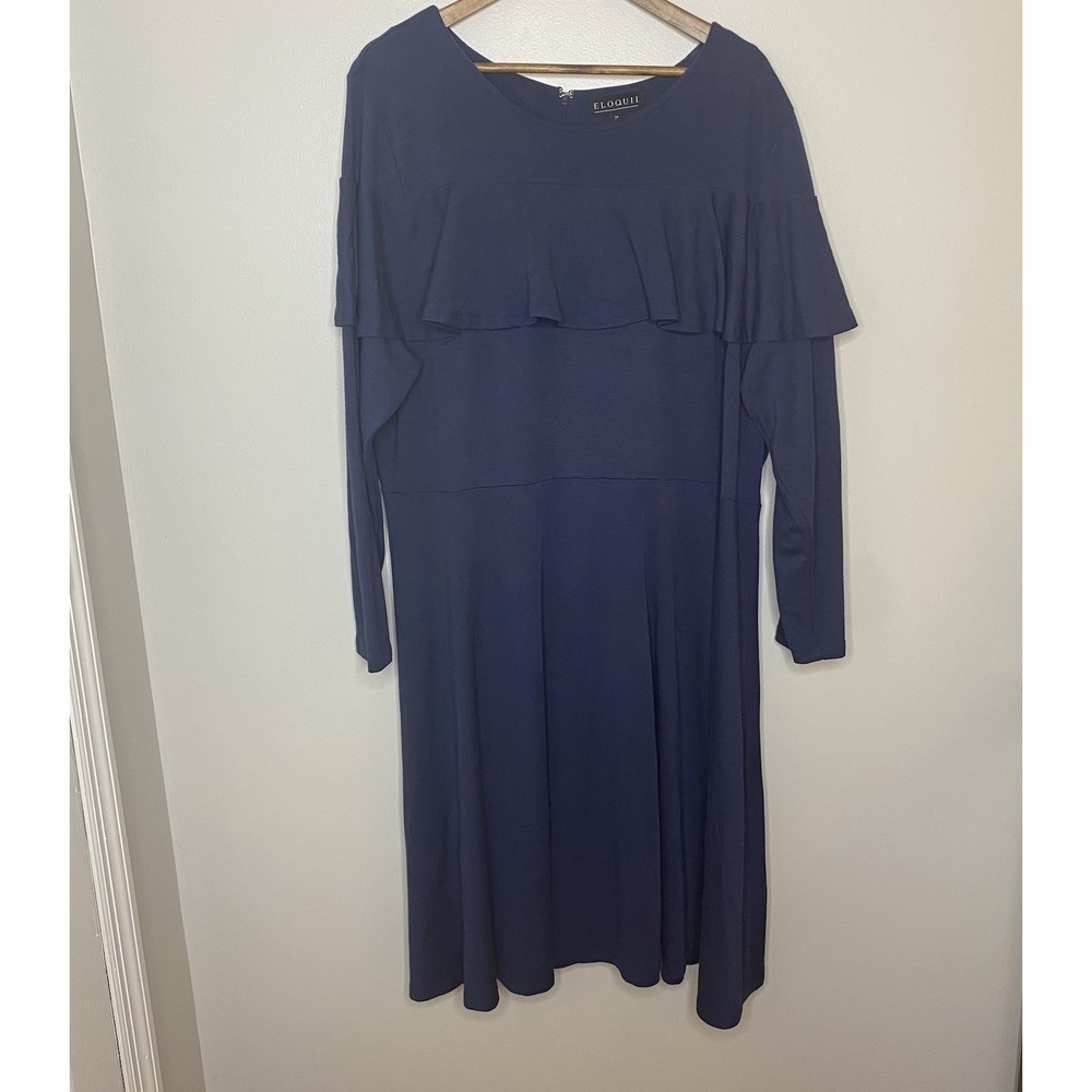 Eloquii Navy Dress Midi Top Ruffle Long Sleeve Zip Back Womens Plus Size 24